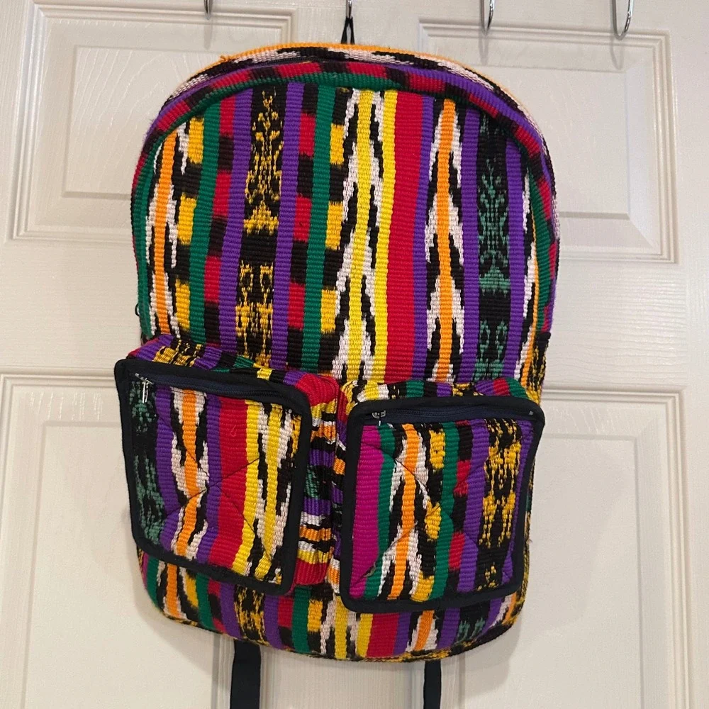 Vintage Handwoven Multi Color Striped Cotton Backpack Boho Artisan Festival Bag